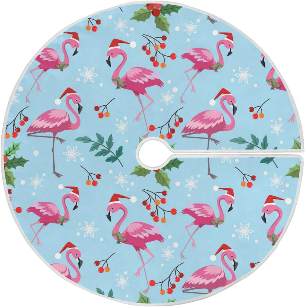 Christmas Flamingo Snowflake Tree Skirt, Seasonal Tree Mat Holiday Party Supplies Ornaments Indoor Outdoor Decorations for Tabletop Trees 35.4 Inches
