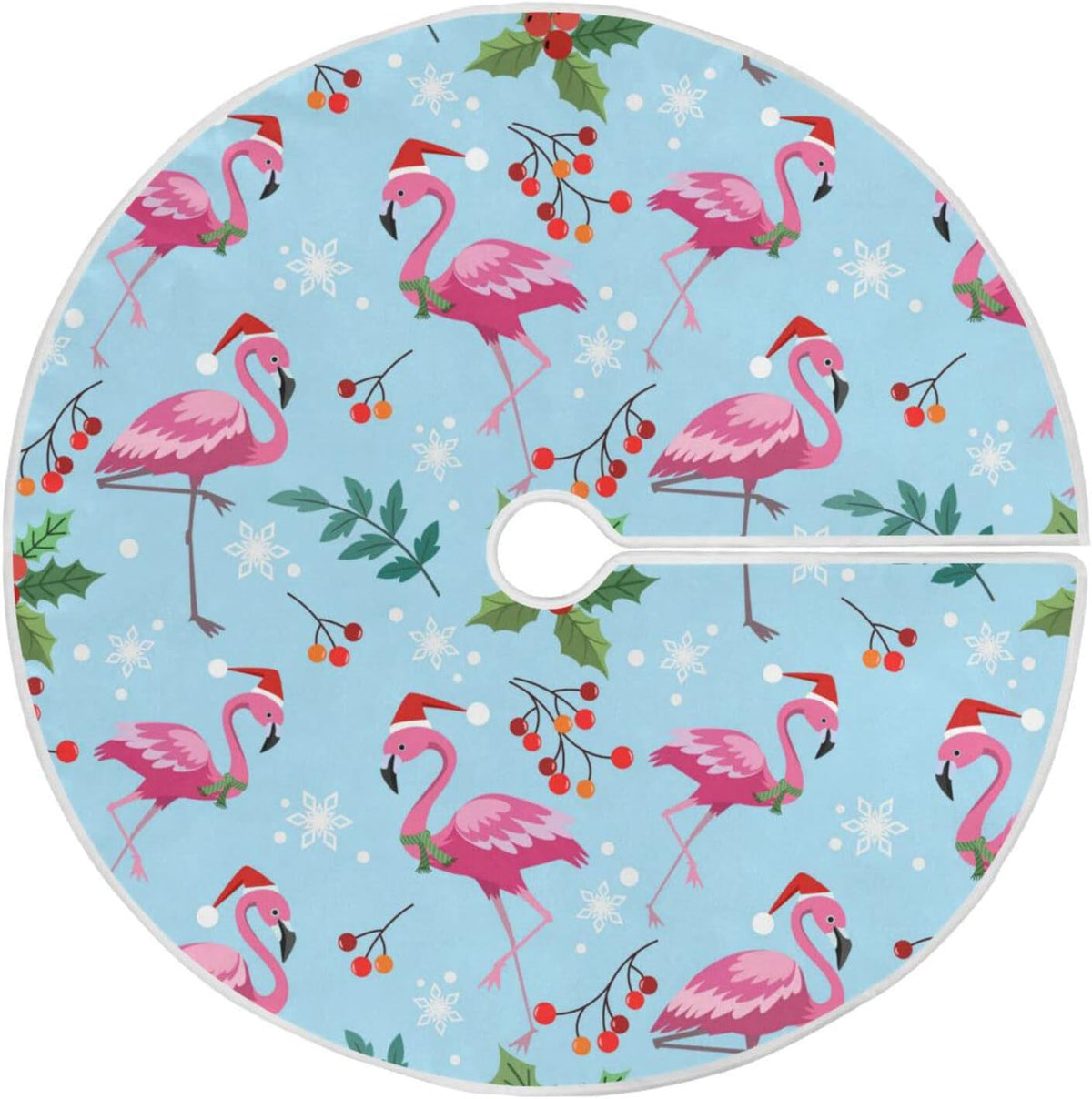 Christmas Flamingo Snowflake Tree Skirt, Seasonal Tree Mat Holiday Party Supplies Ornaments Indoor Outdoor Decorations for Tabletop Trees 35.4 Inches