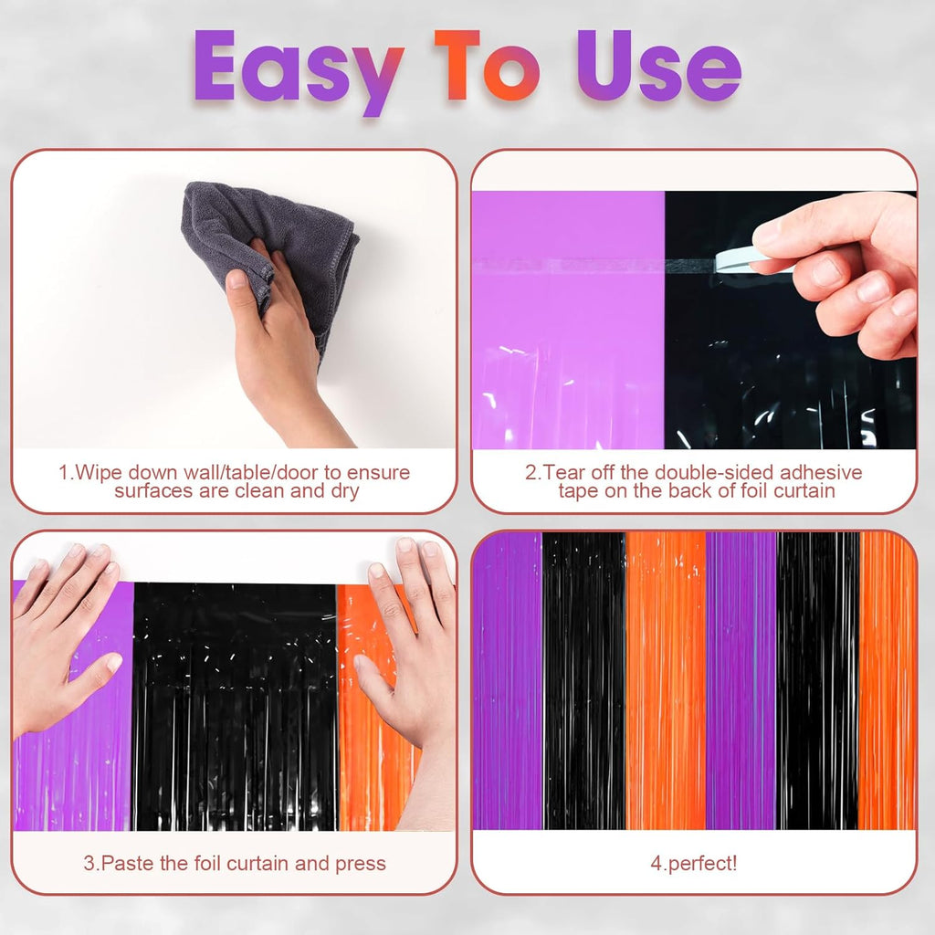 3 Pack 3.3 x 8.2 ft Halloween Foil Fringe Backdrop Curtains, Tinsel Streamers Party Decorations, Fringe Backdrop