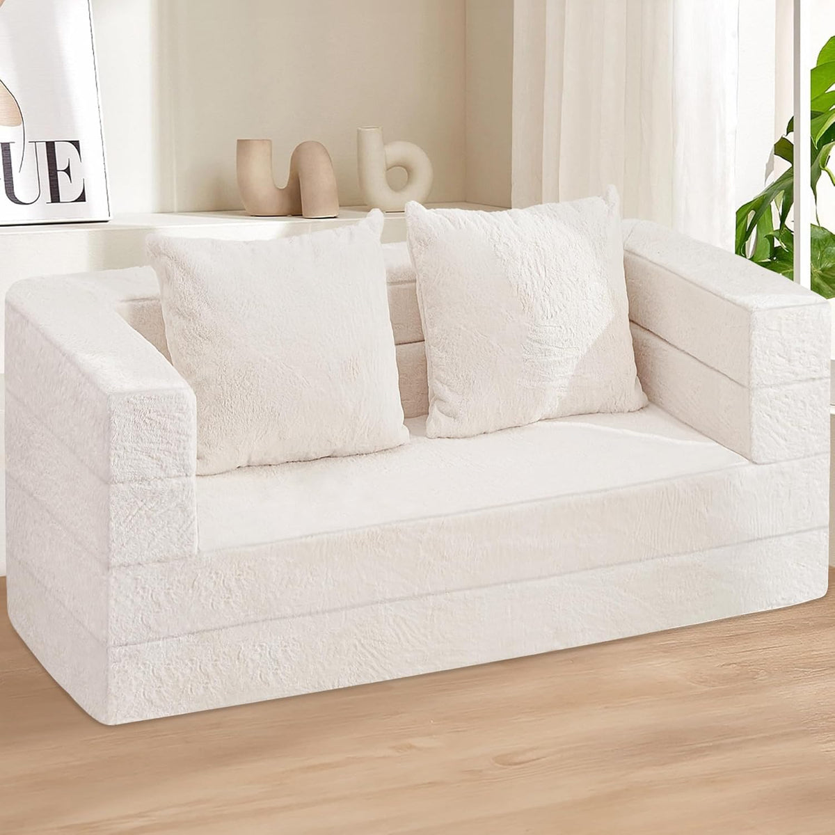 Folding Bean Bag Chair for Adults,3-in-1 Bean Bag Couch Faux Fur Floor Sofa Large Beanbag Convertible Bean Bag Sofa Bed with Pillow in Bedroom,Living Room,Apartment(Queen,Milky White)