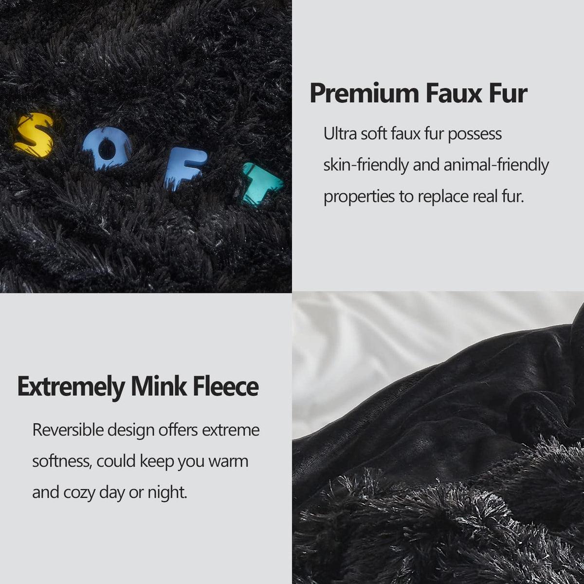 GONAAP Fuzzy Faux Fur Throw Blanket Black Super Soft Cozy Plush Fuzzy Shaggy Blanket for Couch Sofa Bed (Black, Throw(50"x60"))