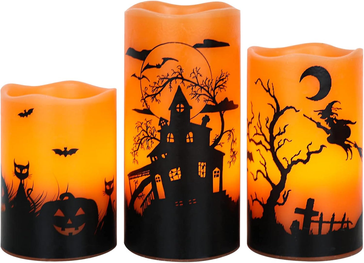 Wondise Halloween Flickering Flameless Candles with 6 Hour Timer, Battery Operated LED Real Wax Candles Set of 3 Halloween Home Decoration Gifts(3 x 4 5 6 Inch)