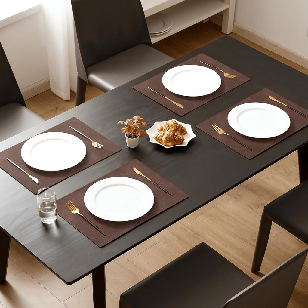 MOSAYT Vinyl Placemats Set of 6-12 X 17 Inch - Faux Leather 100% Waterproof Oil-Proof Wipeable PU Place Mats, Heat Resistant Reversible Table Mats for Kitchen, Dining, Outdoor (Coffee)