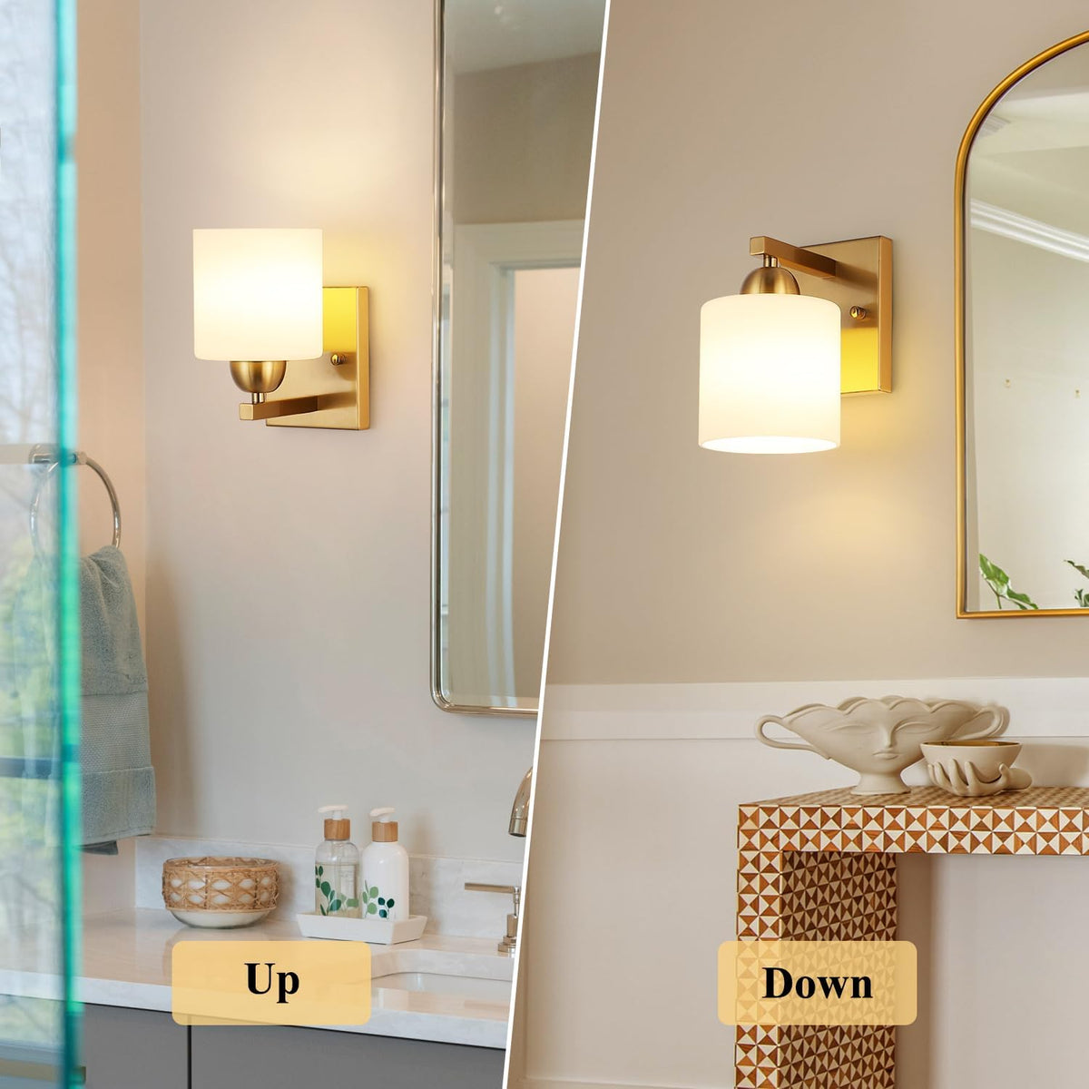 Gold Milk Glass Wall Sconces, 1 Pack Hardwired Indoor Wall Light Fixtures for Living Room, Hallway, Bedroom, Ceramic E26 Sockets (Bulbs Not Included)