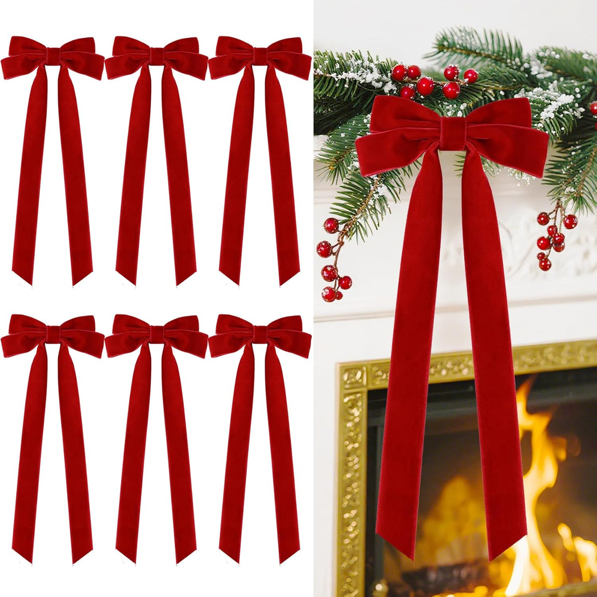 Senjie Velvet Large Christmas Bows for Staircase Garland Wreath, 20in x 8in Vintage Ribbon Bows with Twist Tie for Xmas Tree Holiday Indoor Outdoor Decorations (6Pcs, Red)