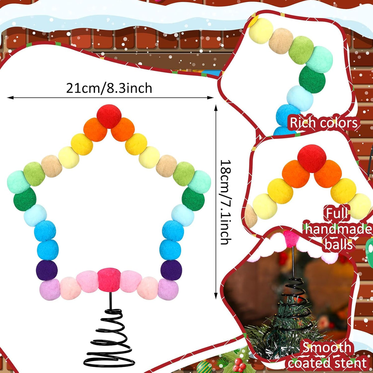 Rainbow Felt Ball Star Christmas Tree Topper Colorful Pom Pom Felt Ball Xmas Tree Topper Colorful Five Pointed Star Xmas Ornaments for Decoration(8.3 x 7.1 Inch)