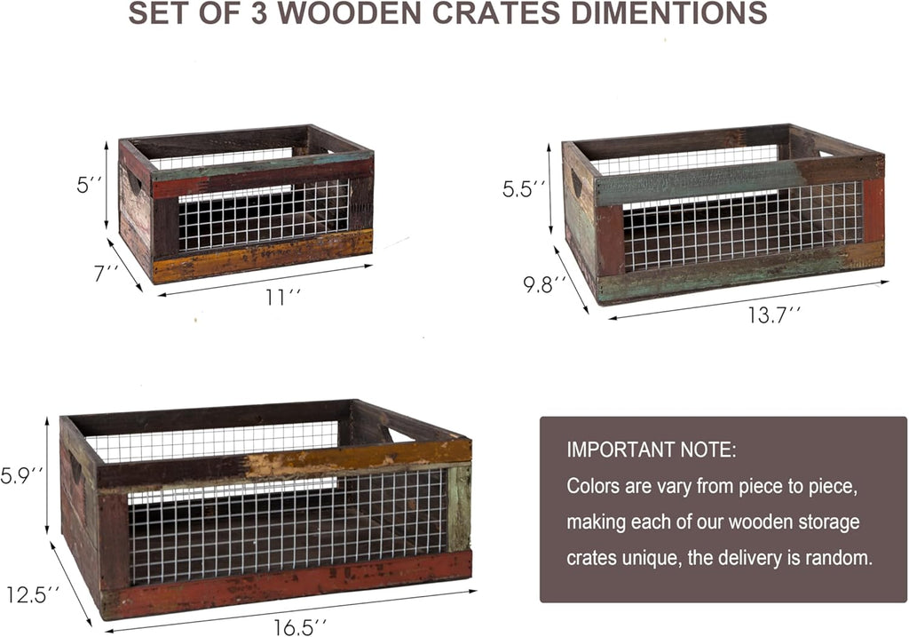TIMRIS Set of 3 Rustic Wood Nesting Crates, Farmhouse Distressed Wooden Storage Boxes, Decorative Reclaimed Wood Organizer Baskets with Wire Mesh (Random)