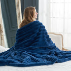 Cozy Bliss Faux Fur Throw Blanket for Couch, Cozy Warm Plush Striped Blanket for Sofa Bedroom Living Room,50 * 60 Inches Navy Blue