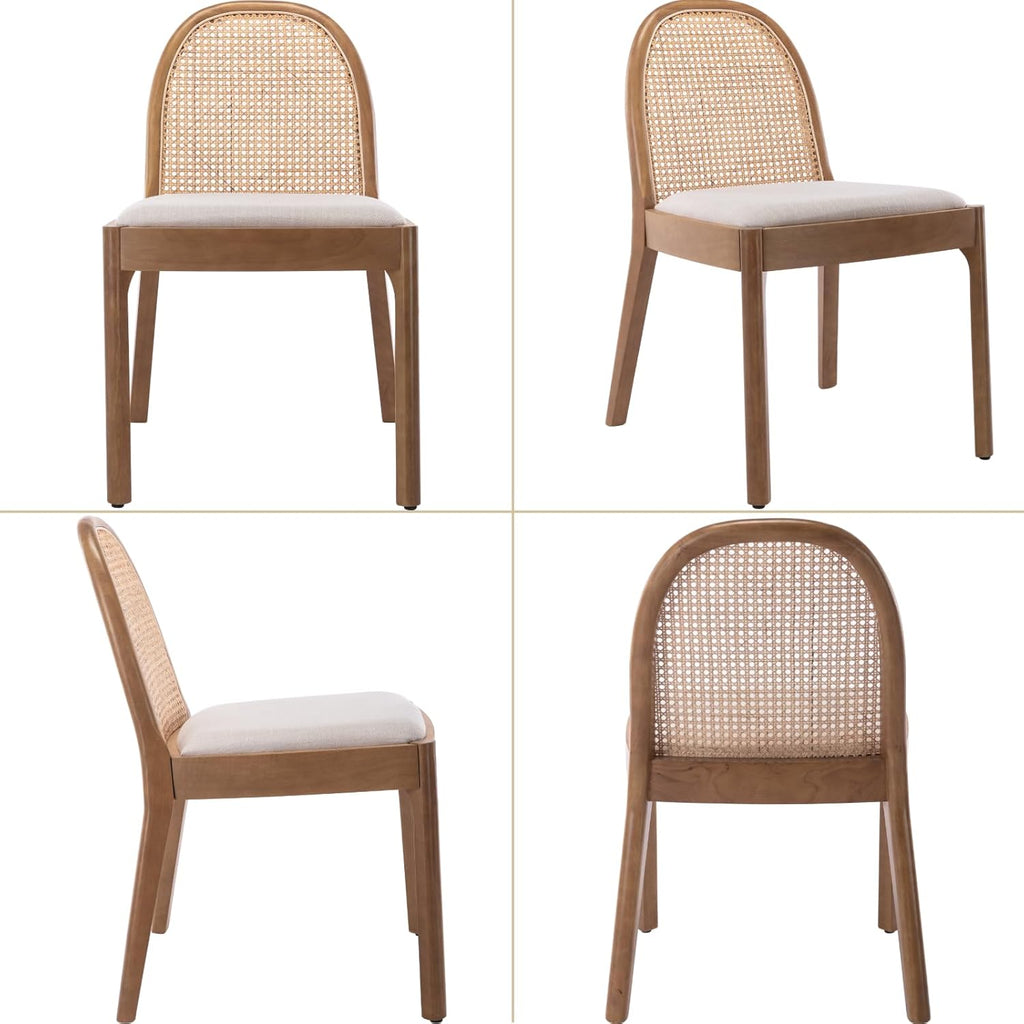 Mid Century Dining Chairs Set of 6, Accent Rattan Linen Fabric Side Chairs Kitchen Chair with Solid Wooden Legs for Living Room Dining Room, Beige