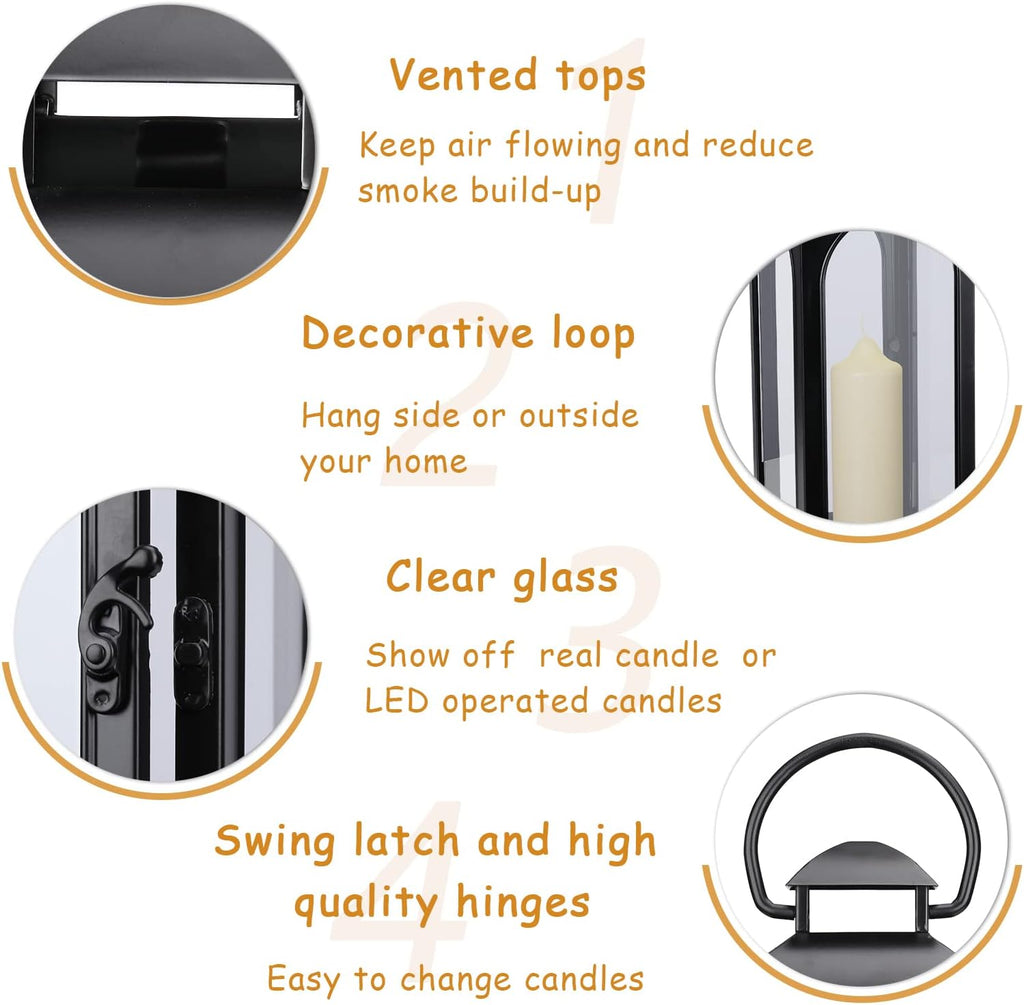 Bdor 2 Pack Luxury Black Metal Lanterns – 16" Tall Modern Hurricane Candle Lanterns with Tempered Glass Panels for Front Porch, Tabletop, Mantel, Wall Hanging, Garden, Indoor & Outdoor Décor