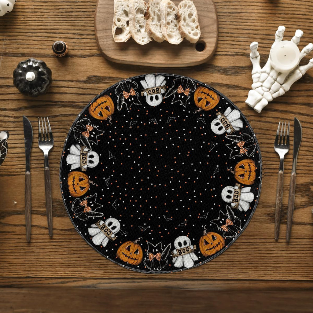 Artoid Mode Ghost Cat Halloween Round Placemats Set of 4, 14 Inch Table Mats for Party Kitchen Dining