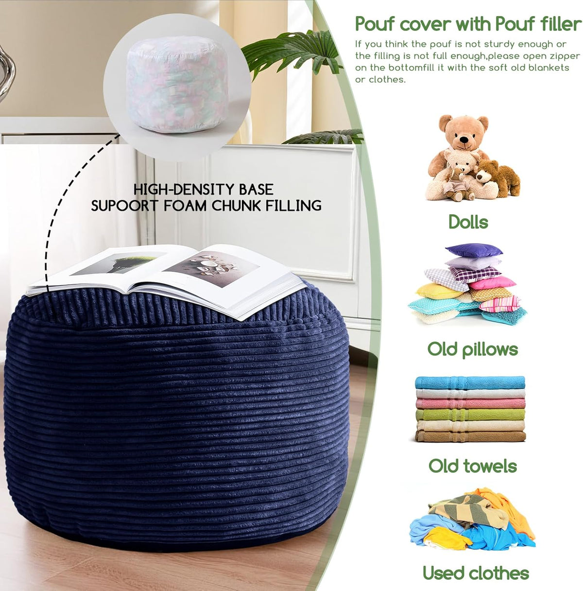 HIGOGOGO Round Stuffed Pouf Ottoman, Corduroy Poufs with Foam Chunk Filling, Furry and Fluffy Pouf Foot Stool Storage Ottoman, 20 X 15 Floor Poufs Foot Rest for Living Room, Navy