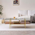 X-Large Rectangle Glass Coffee Table, Mid-Century Modern Design, for Living Room, L47 x W24 x H17 Inch, Clear Glass Top and Walnut MDF Shelf, Sleek Conical Legs with Gold Finish Frame