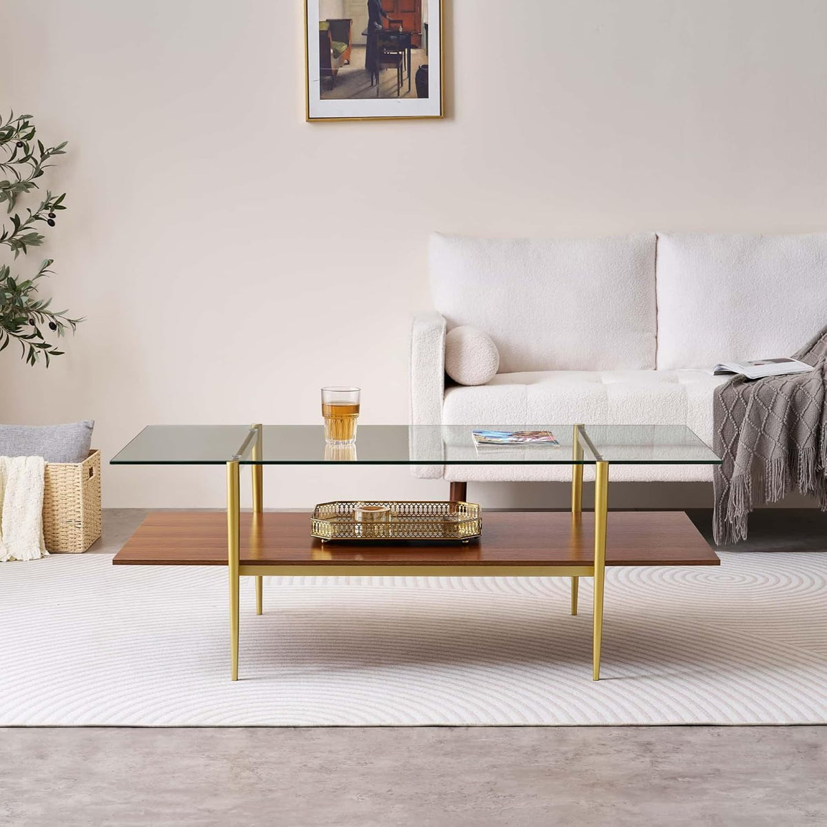 X-Large Rectangle Glass Coffee Table, Mid-Century Modern Design, for Living Room, L47 x W24 x H17 Inch, Clear Glass Top and Walnut MDF Shelf, Sleek Conical Legs with Gold Finish Frame