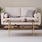 Rectangle Coffee Table, Mid-Century Modern Design, L41 W21 x H17, for Living Room, 2-Tier Structure, Amber Glass Top and Walnut MDF Shelf, Sleek Conical Metal Legs with Gold Finish