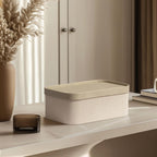 La Jolie Maison Fluted Cardboard Storage Baskets with Leather-Like Lids, Sturdy Stackable Paper Boxes Decorative Tray,Set of 3 Ivory