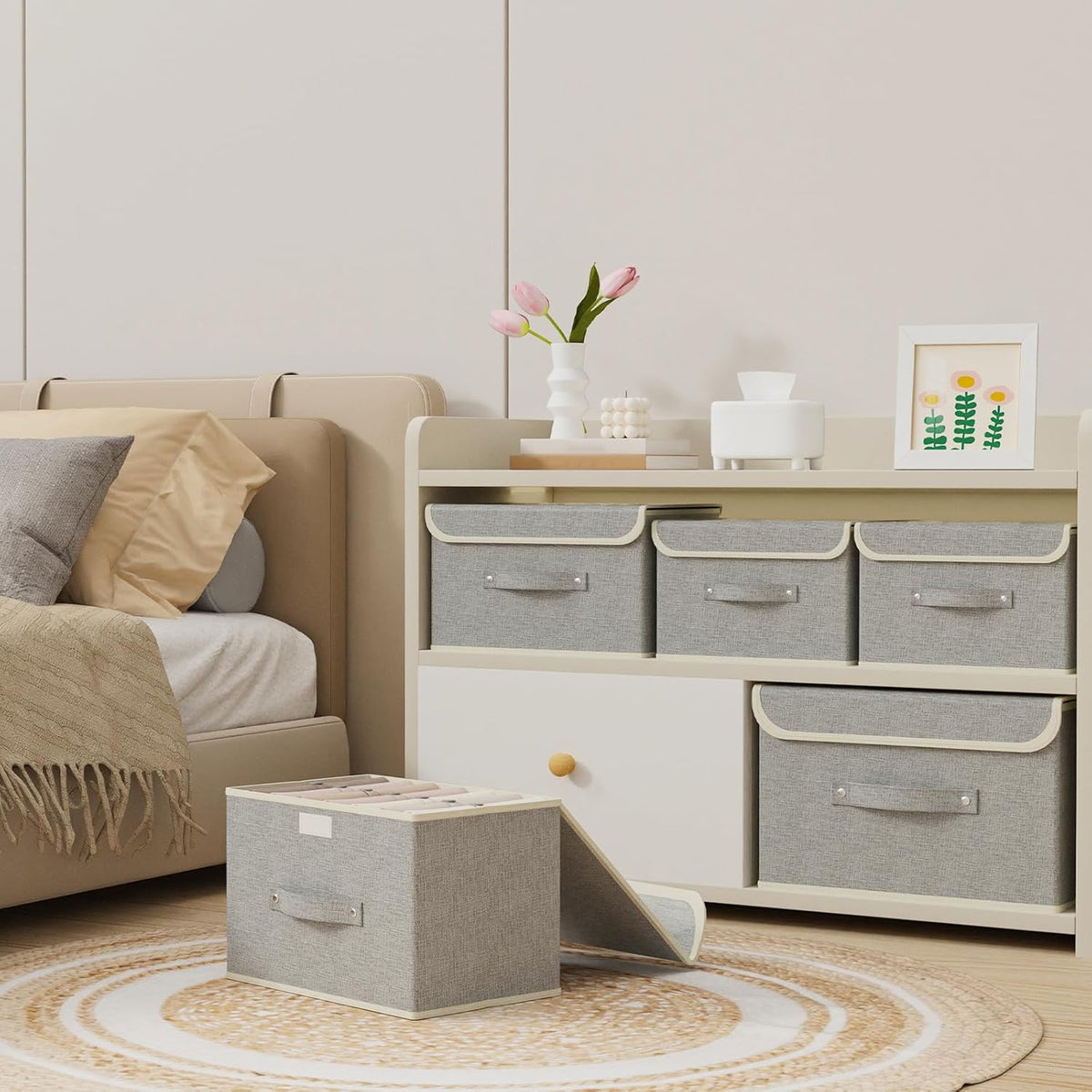 Storage Boxes, Collapsible Storage Bins with Lids, Cotton and linen cloth Storage Baskets with Handle, for Books, Closet, Bedroom, Home, Grey, 3 Pack 10.2 X 7.9 X 6.7in