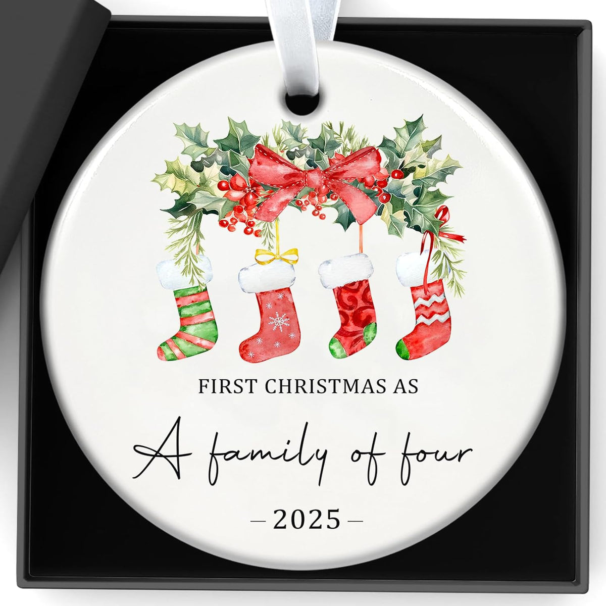 Christmas Ornaments, 3 Inch Ceramic Our First Christmas As a Family of Four 2025 Ornament Personalized New Parents Gifts for Couples Baby First Xmas Hanging Decor for Family of Four