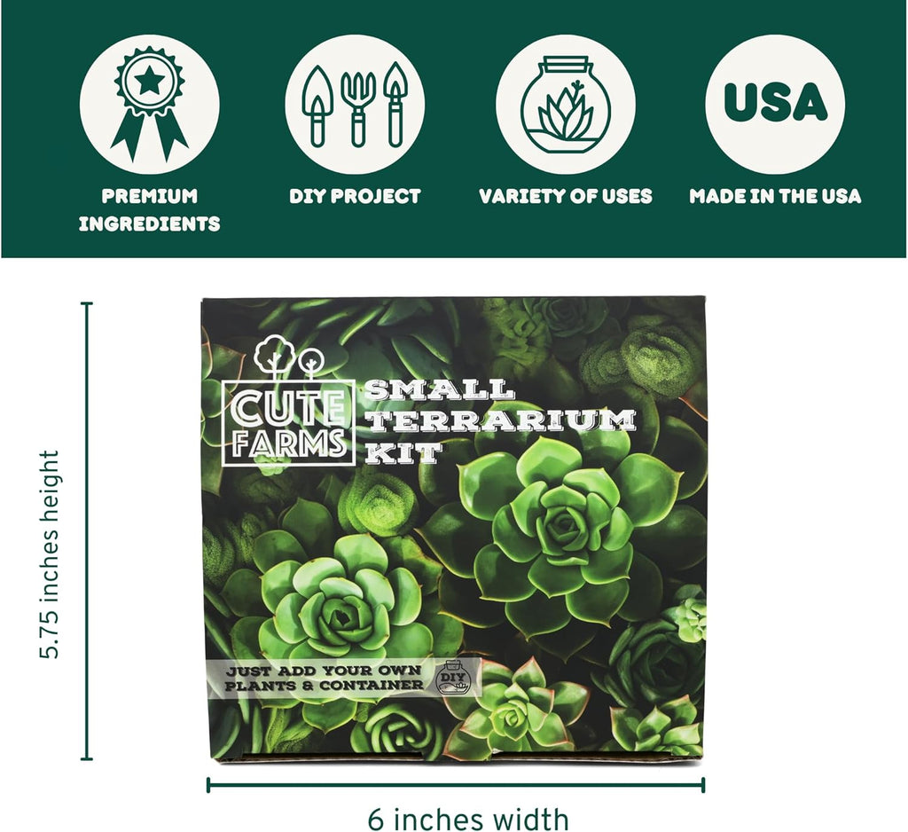 Cute Farms Terrarium Starter Kit | Moss, Vermiculite, Soil, Pebbles, Plant Food, Finishing Tools, Build and Care Guide | DIY Succulent Terrarium for Adults and Kids (Small)