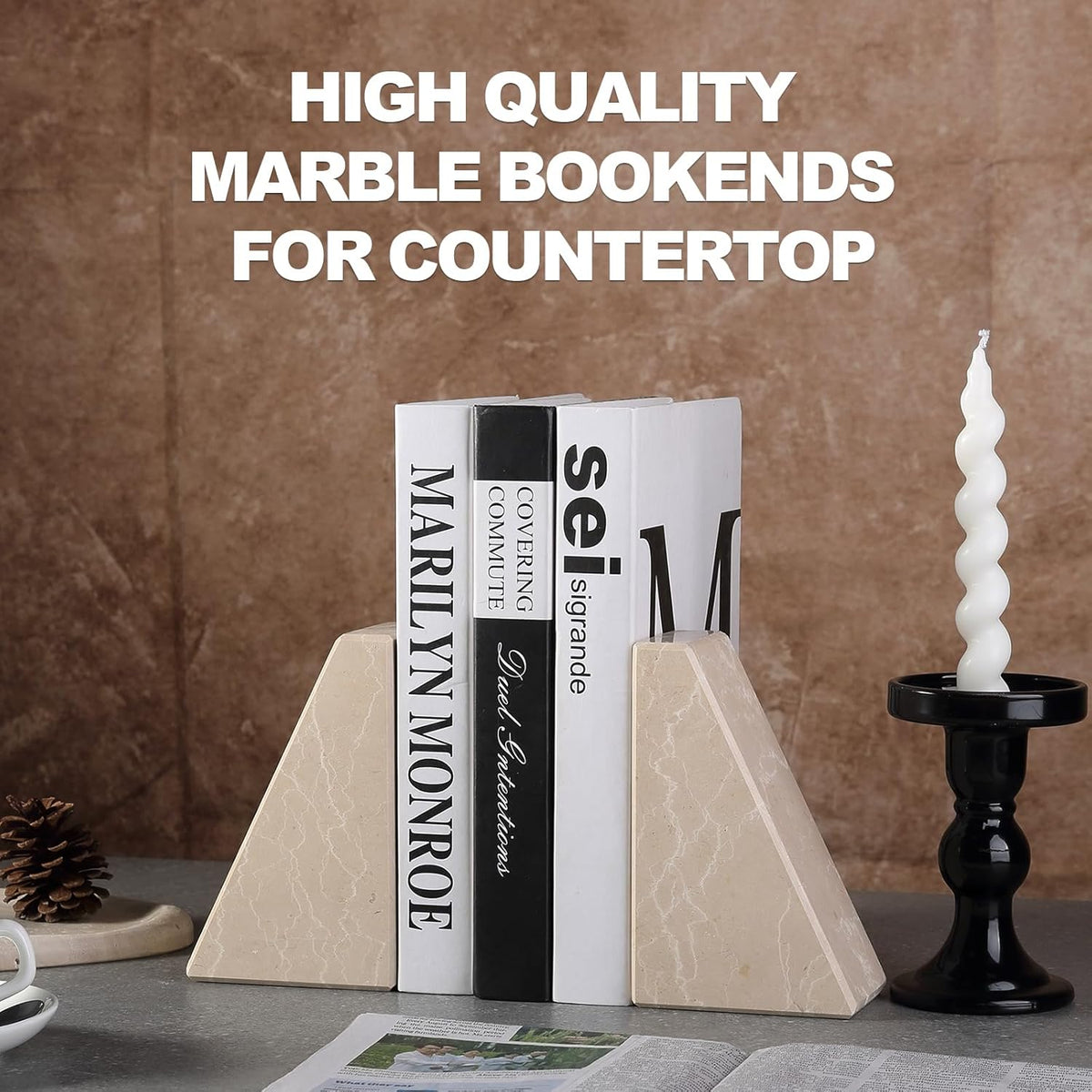 Marble Bookends for Heavy Books, Decorative Book Ends for Shelves, Durable and Heavy-Duty Stone Bookends for Hardback Book & CDS, Unique Book Stopper & Holder, New Jura Beige-Vein, Set of 2