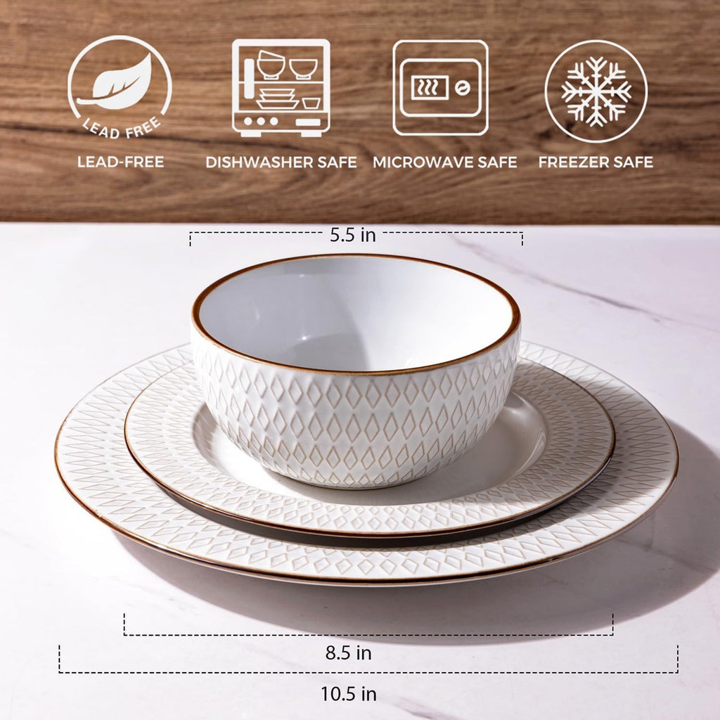 GBHOME Ceramic Dinnerware Sets, 24 pcs Embossed Elegant Stoneware Plates and Bowls Sets, Housewarming Wedding Gift | Dishwasher & Microwave Safe | Dishes Set Service for 8