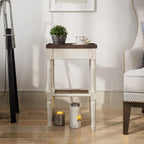 Rustic Farmhouse Cottagecore Accent End Table Set of 2, Distressed Accent Side Table with Espresso Tray Top and Woven Wicker Shelf, Boho, French Country Decor, Square, Weathered Brown & White