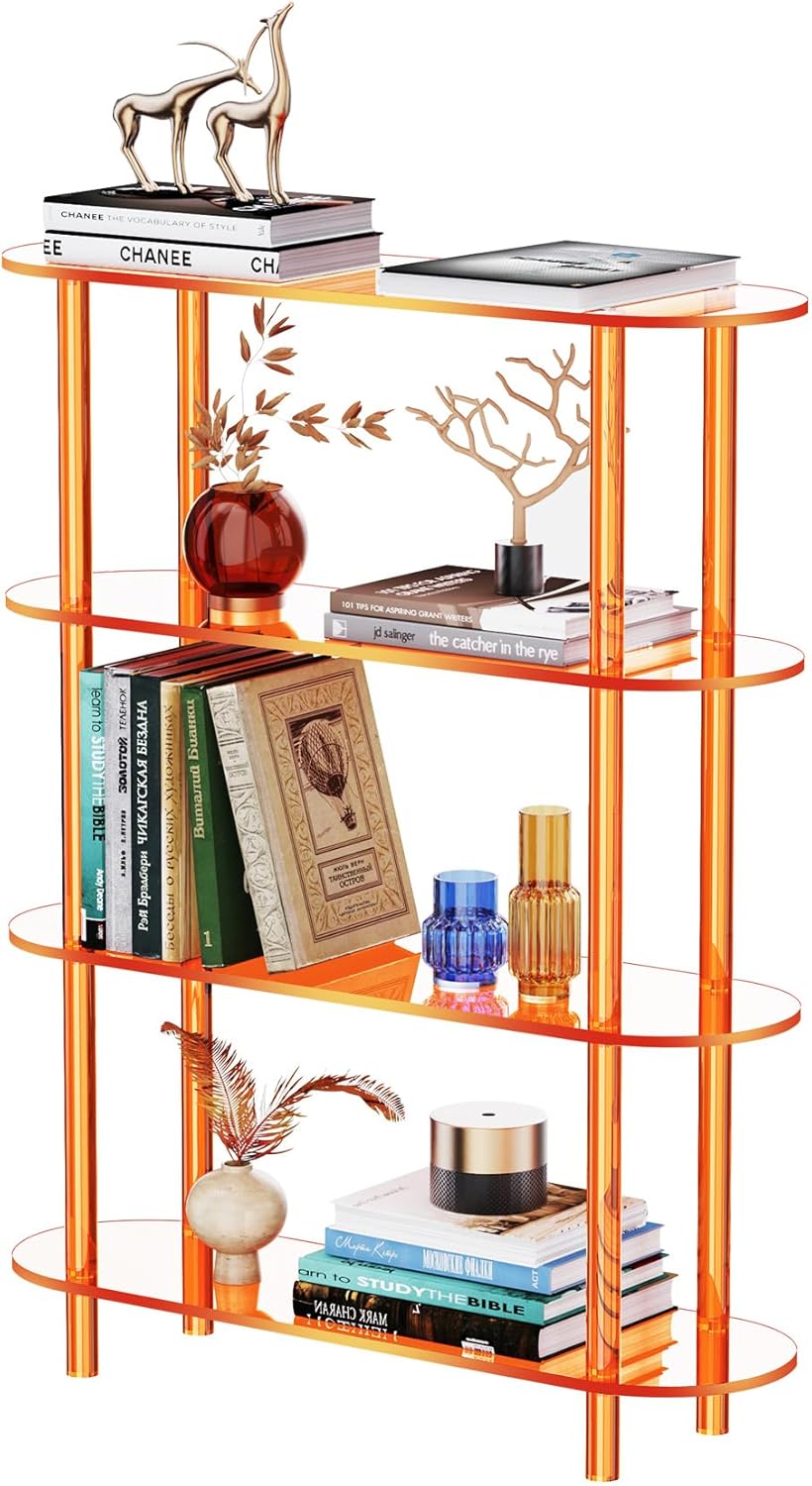 Clear Bookshelf, Acrylic Bookcase with Open Book Shelf for Office Living Room Bedroom (4 Tier Orange)