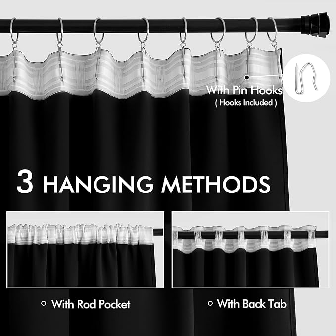 MIULEE Black Back Tab Blackout Curtains 52x95 Inch Length 2 Panels Set | Rod - Image 3