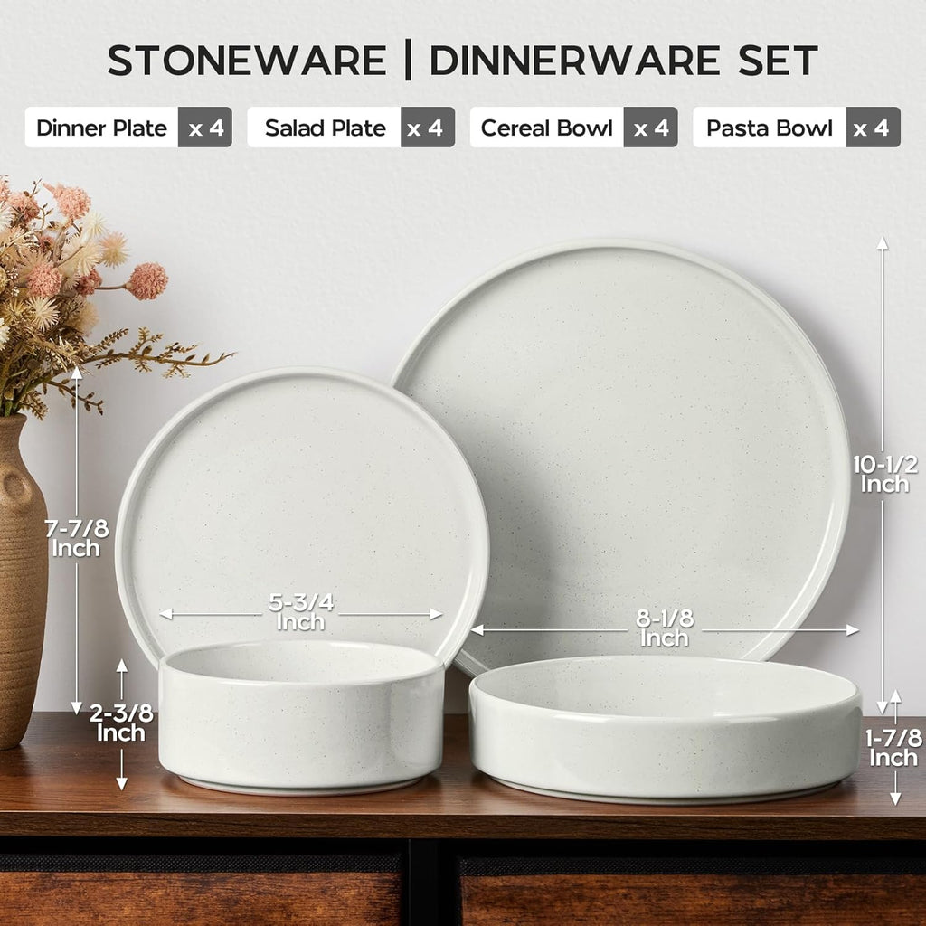 Stoneware Dinnerware Sets for 4 with Pasta Bowl, Onader 16 Piece Plates and Bowls Dish Set, Speckled Kitchen Dishware Dining Ware, Microwave & Dishwasher Safe - Cloud White