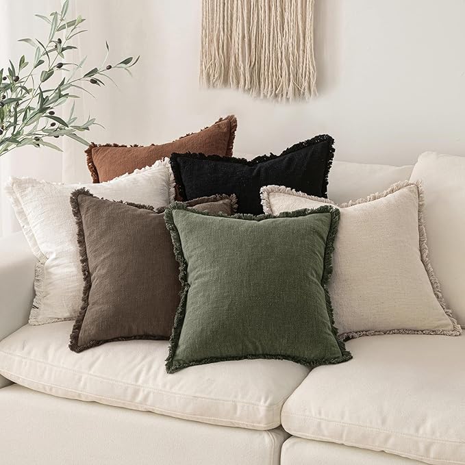MIULEE Linen Fringe Decorative Fall Pillow Covers Chocolate Brown 18x18 | Set - Image 5
