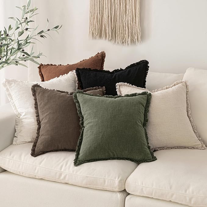 MIULEE Linen Fringe Decorative Euro Pillow Covers Chocolate Brown 24x24 | Set - Image 5