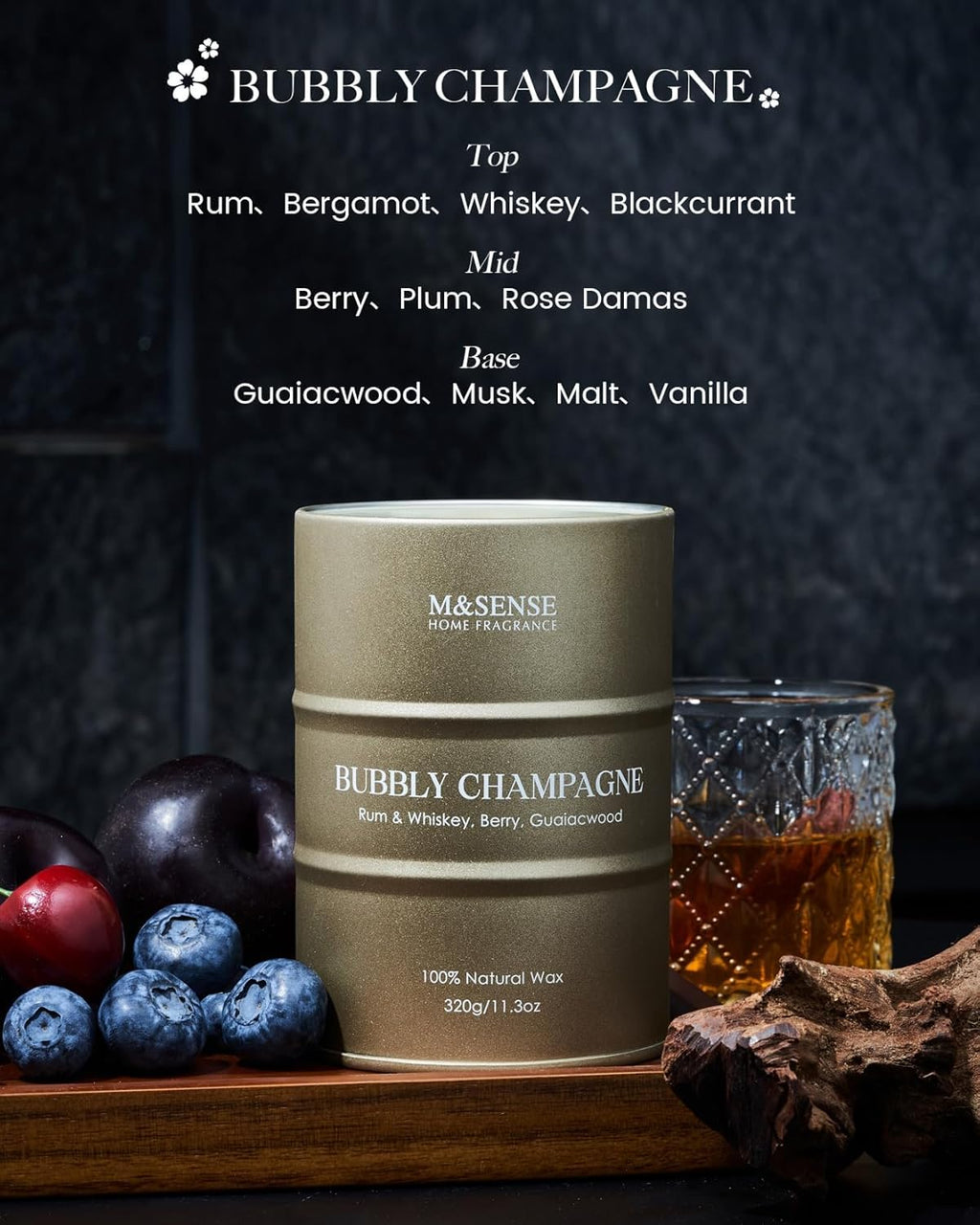 M&SENSE Bubbly Champagne Scented Candles - Home & Gift, Natural Soy, 70 Hour Burn Time, 11.3 oz