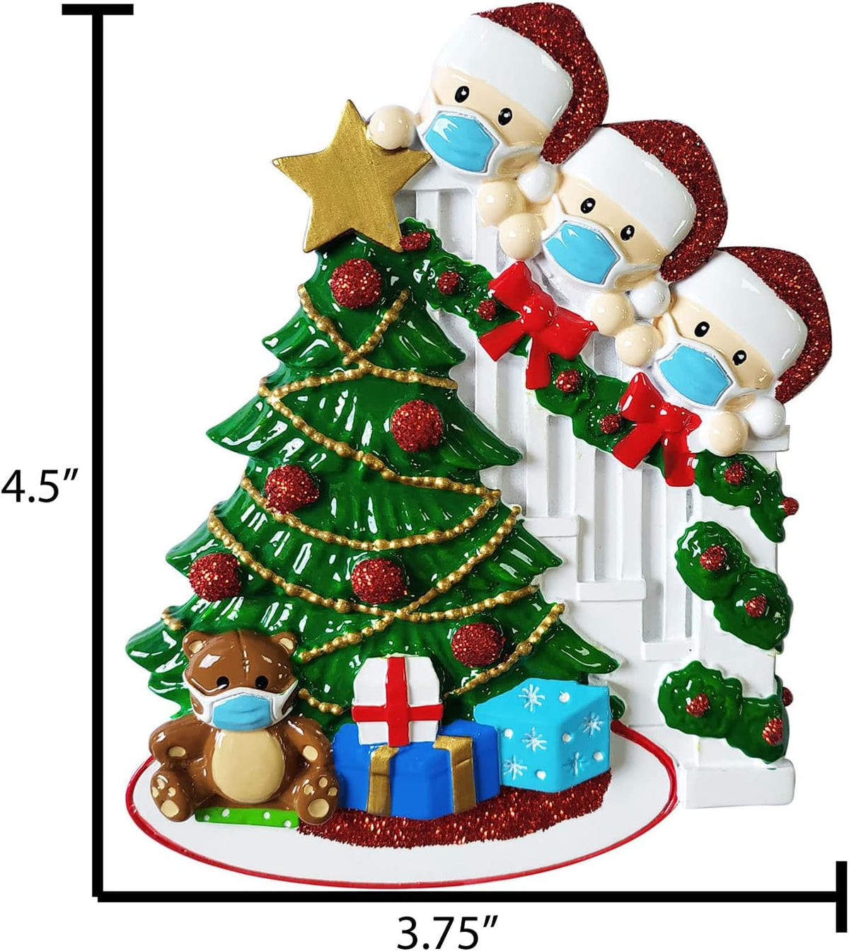 Masked Family of 3 Christmas Ornament 2025 Personalized Family Christmas Ornaments 2025 | Pandemic Memorial Personalized Tree Ornaments Customizable Gifts with Bear in The Staircase of Three Ornament