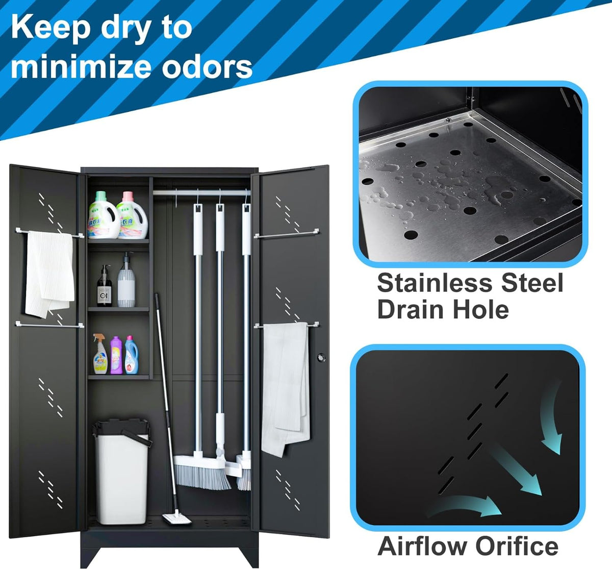 75" Metal Storage Cabinet, Tool Cabinets with Hooks, Garage Storage Cabinet with Lock, Heavy-Duty Tool Cabinet for Utility Room, Gym, Basement, Broom Closet Cabinet, Black