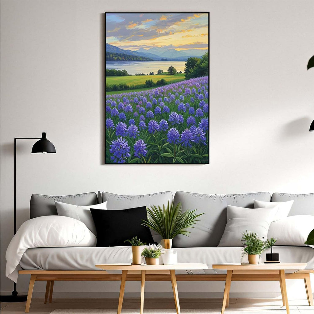 The lavender scenery all over the lake at sunset is suitable for posting in the living room bedroom office landscape poster wall painting