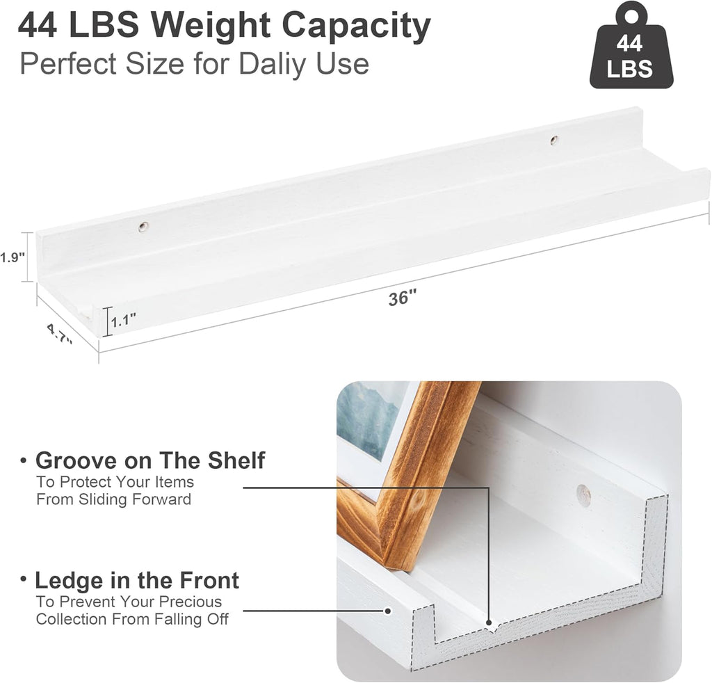 Floating Picture Ledge Shelves 36 Inch Solid Oak Wood Set of 2, Rustic Wall Storage Shelves with Lip, Kids Bookshelf, Photo & Picture Ledge Shelves for Bedroom, Living Room, Kitchen