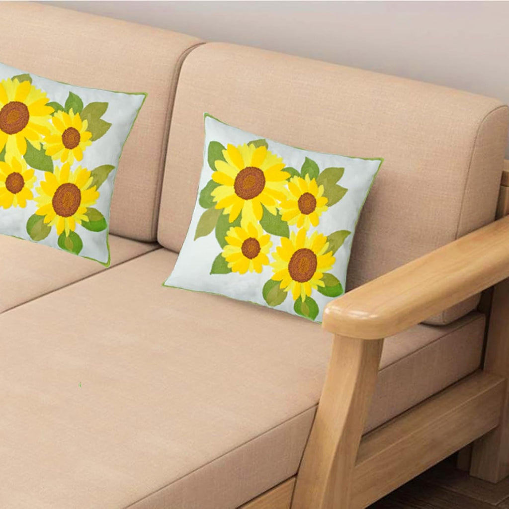 Embroidered Decorative Throw Pillow Cover, 18"x18" Set of 2, Farmhouse Pillowcase Yellow Sunflower Knit Pattern Cotton Canvas Cushion Case Square Floral Pillow Case for Sofa Couch Bed Living Room