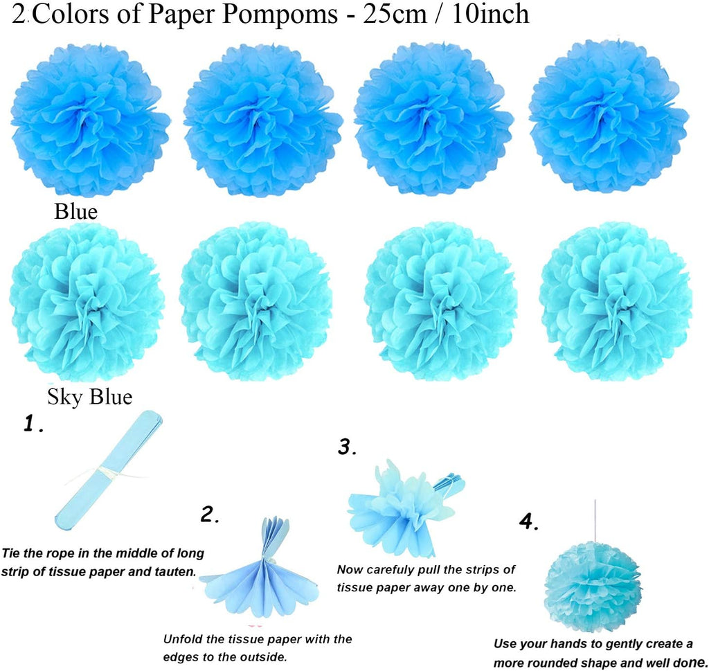 ZERODECO Party Decoration, 21 Pcs Blue Hanging Paper Fans, Pom Poms Flowers, Garlands String Polka Dot and Triangle Bunting Flags for Boy Birthday Parties, Bridal Showers, Baby Showers, Wedding