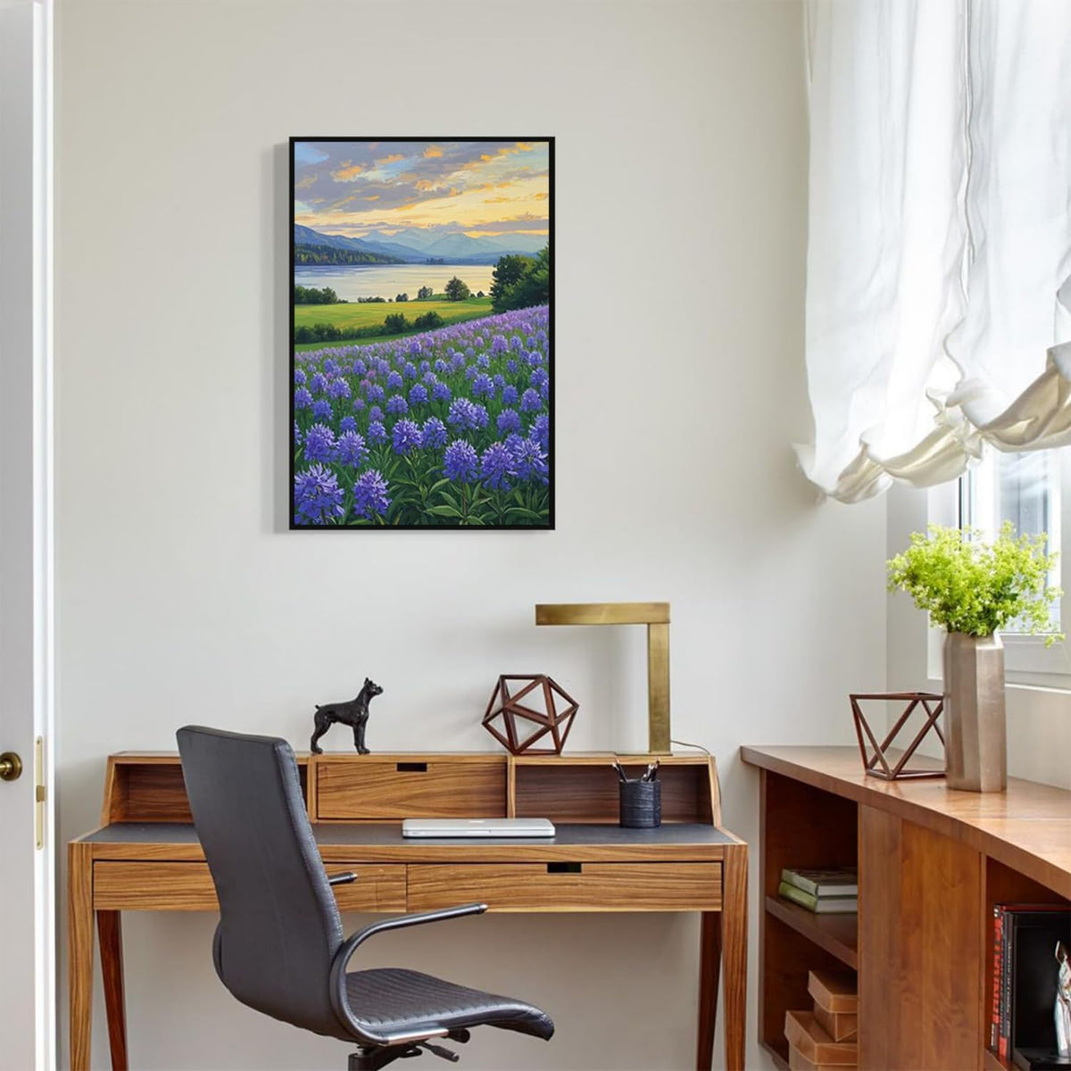 The lavender scenery all over the lake at sunset is suitable for posting in the living room bedroom office landscape poster wall painting
