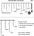 648 LED Christmas Lights with 144 Drops, 66ft 8 Modes Christmas String Lights Outdoor, Waterproof Christmas Decorations Fairy Lights with Timer Memory for Xmas Party Patio Window Fence Multicolor