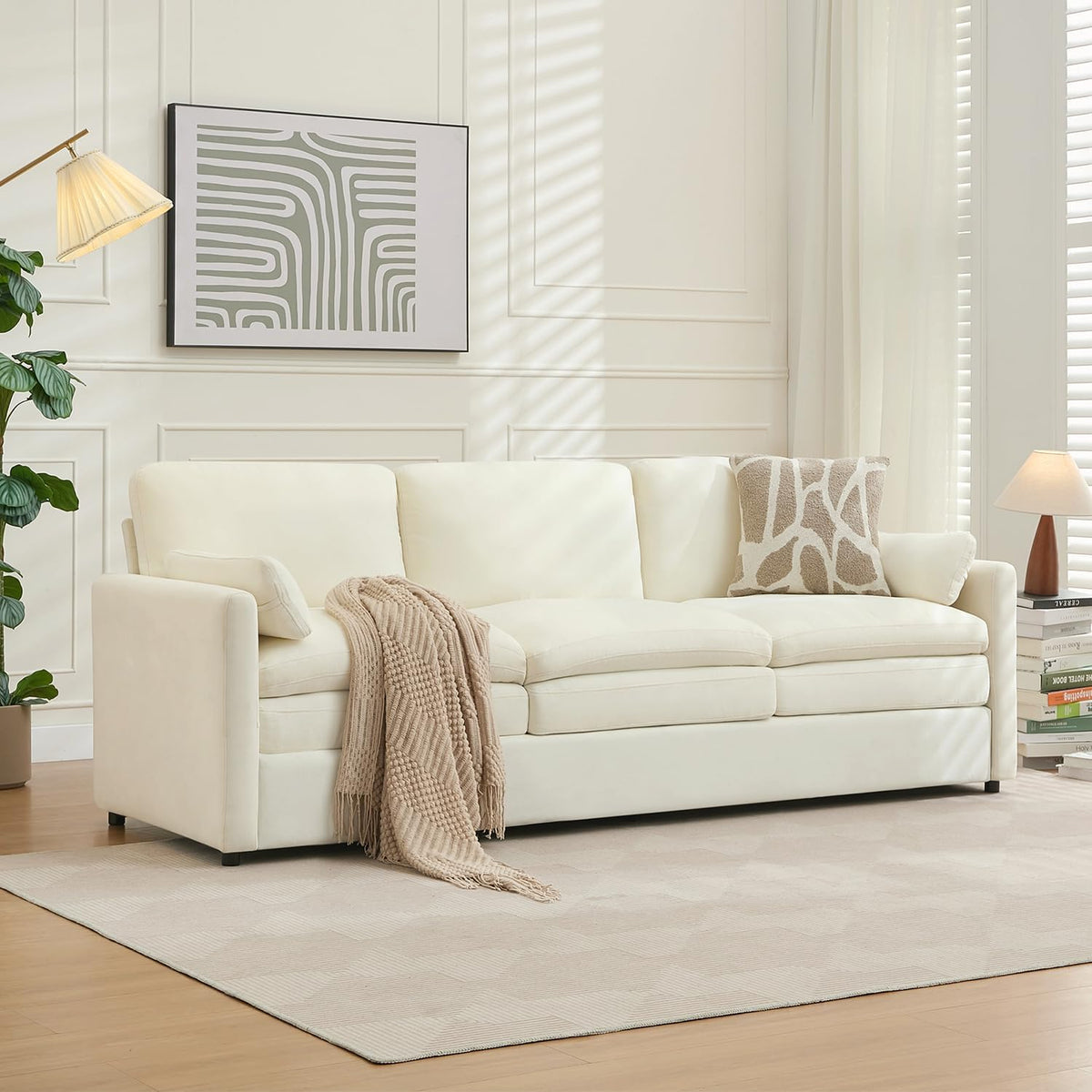 Tbfit Modern Couch Sofa, 89" Cloud Couch w/Pillows, Pocketed Spring Seat, Comfy 3-Seater Plush Foam Cushions, Chenille Fabric Removable Covers, Soft Upholstered Living Room Furniture Apartment, Beige