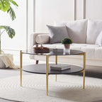 Round Coffee Table for Living Room, Mid-Century Modern Design, D30 x H17, 2-Tier Structure, Grey Glass Top and Black Marble Finish Wood Shelf, Sleek Conical Metal Legs with Gold Finish Frame