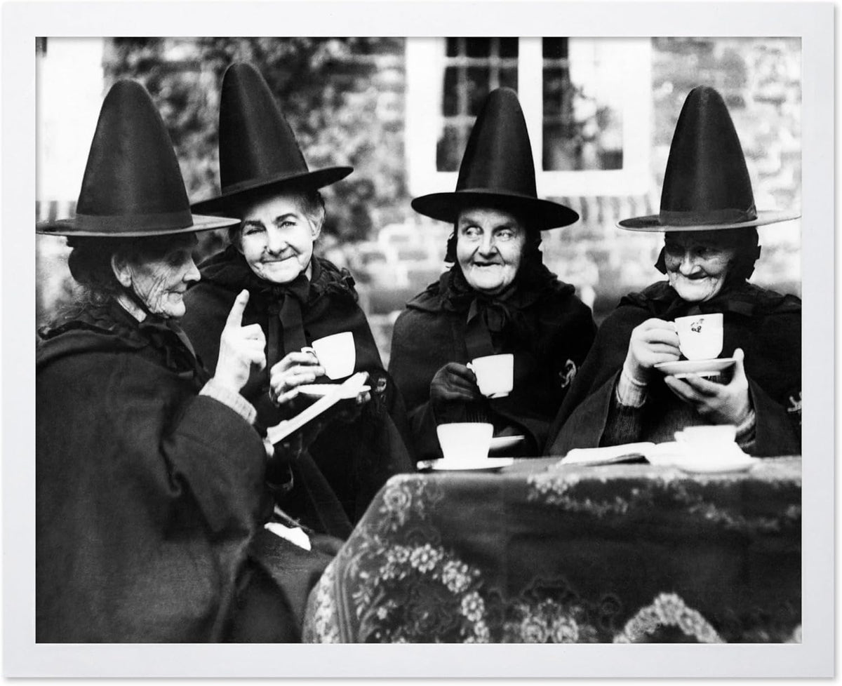 Poster Master Classic Photograph Poster - Vintage Halloween Print - Gift for Artist, Friend - Witches Tea Party, Old Women Smiling, Wearing Robes - Wall Decor for Living Room, 11x14 White Framed
