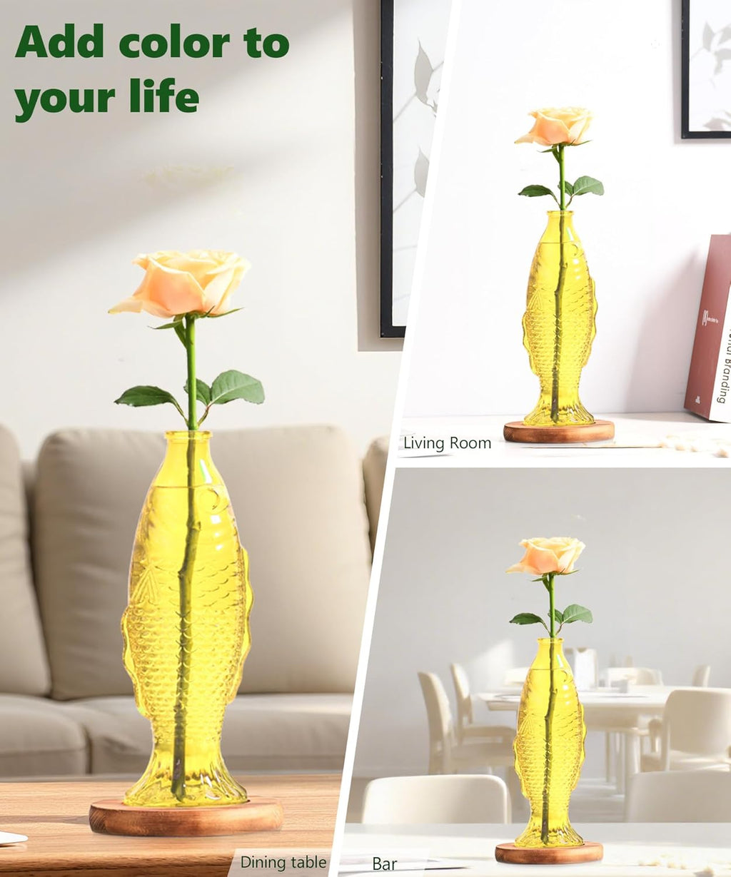 Nacome Fish Vase Glass Plant Terrarium with Wooden Stand,Planter Propagation Station for Home Office Hydroponics Desk Decoration,Unique Gardening Gifts for Plant Lovers Women Mom(Yellow)