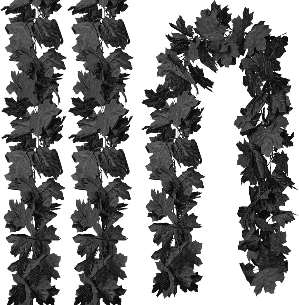 CQURE 3 Pack Black Fall Leaf Garland,Total 17.7t Halloween Garland Hanging Vines Artificial Fall Maple Leaves Thanksgiving Decor for Home Wedding Fireplace Christmas