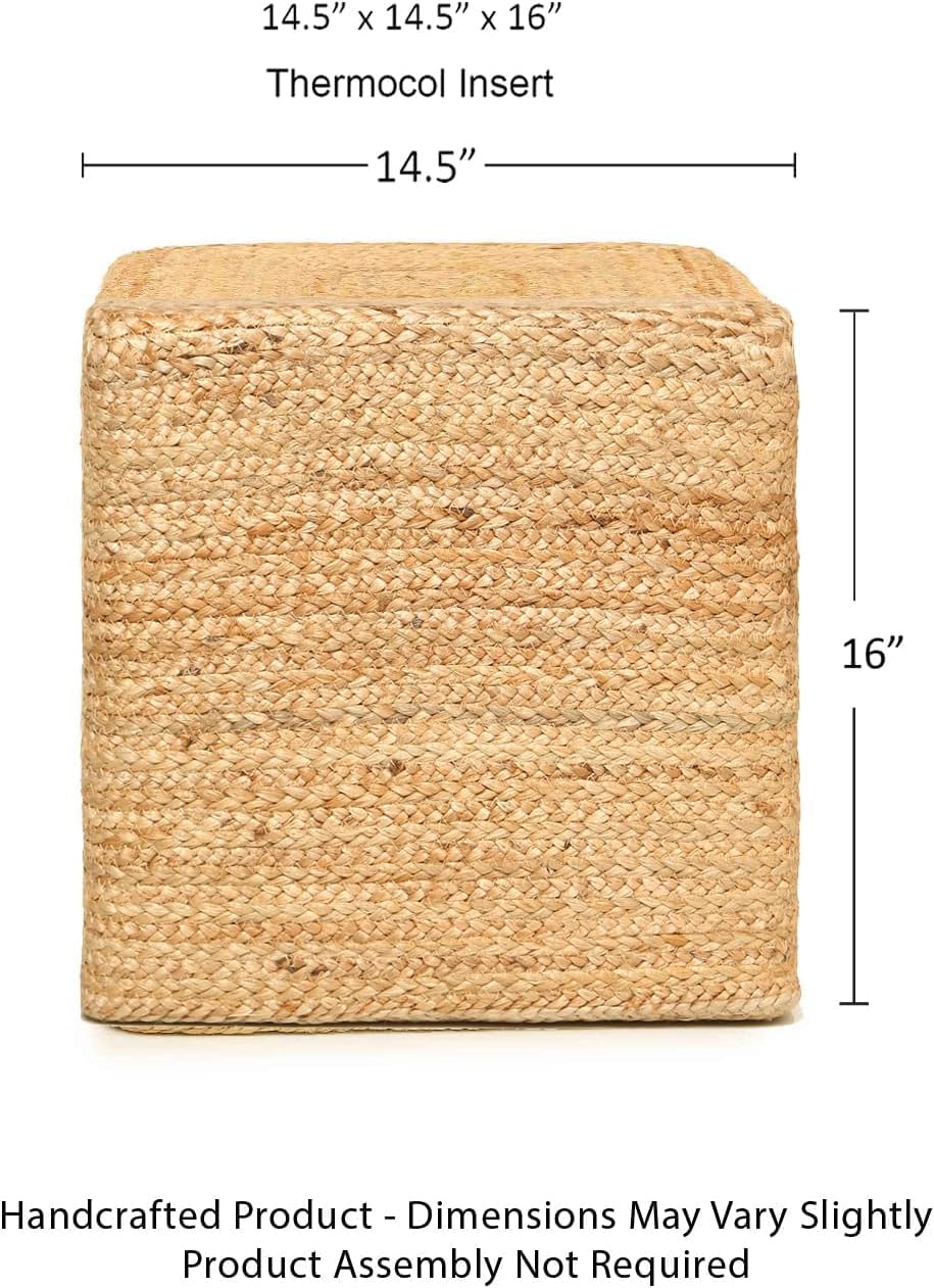 REDEARTH · Cube Pouf Foot Stool Ottoman - Jute Braided Pouffe Poof Accent Sitting - Set of 2 Footrest for The Living Room, Bedroom, Nursery, Patio, Lounge, Office - 14.5”x14.5”x16” - Natural