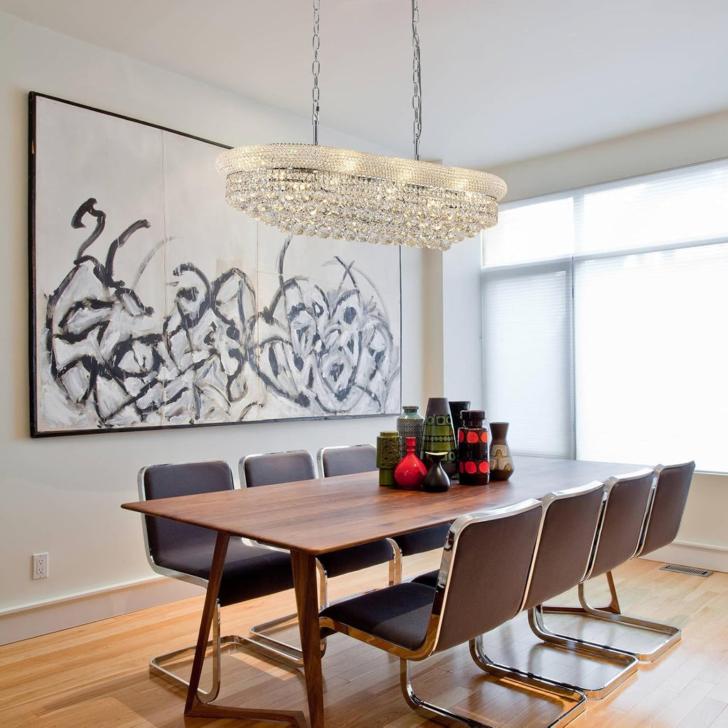 Rectangular Crystal Chandeliers for Dining Room,10 Lights Adjustable Height Oval Crystal Ceiling Light Fixture for Kitchen Island, Chrome Finish, L36''