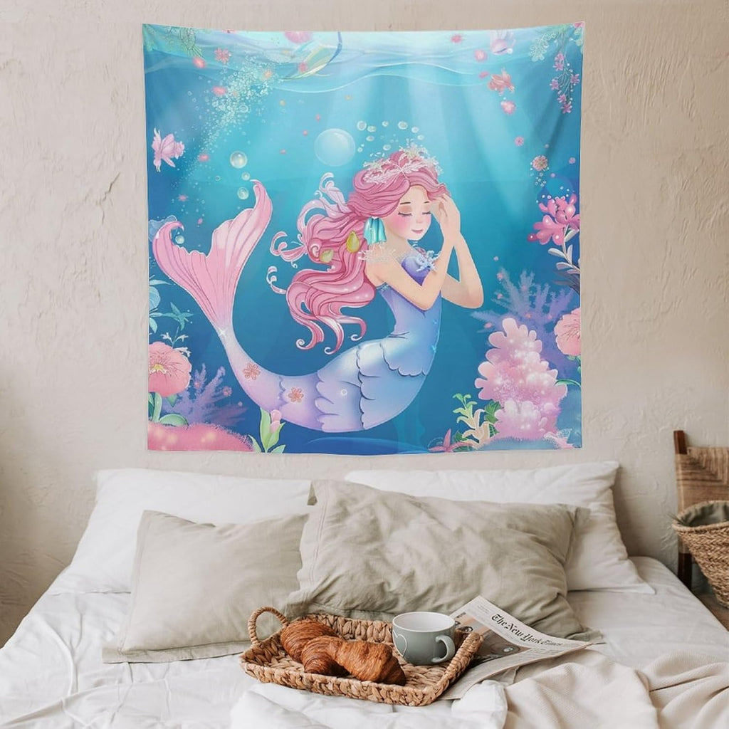 HZOHNAGO Mermaid Girls Tapestry Watercolor Flowers Mermaid Princess Blessing Pattern for Kids Room Decoration Printed Wall Tapestry Wall Hanging for Bedroom Living Room Dorm 60" W x 60" H