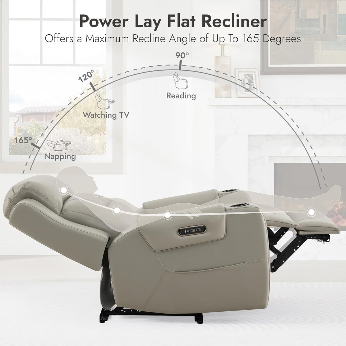 Watson & Whitely Genuine Leather Power Recliner Chairs for Adults, Lay Flat Recliner with Power Headrest, USB Ports and Cup Holders, Electric Reclining Sofa for Living Room, Bedroom, Grey