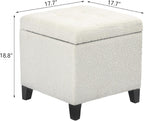 Adeco 18 Inch High Cube Ottoman Storage, Linen Chair Foot Stools, Upholstered Vanity Stool with Hinged Lid, Solid Wood Legs (White Circle Yarn)